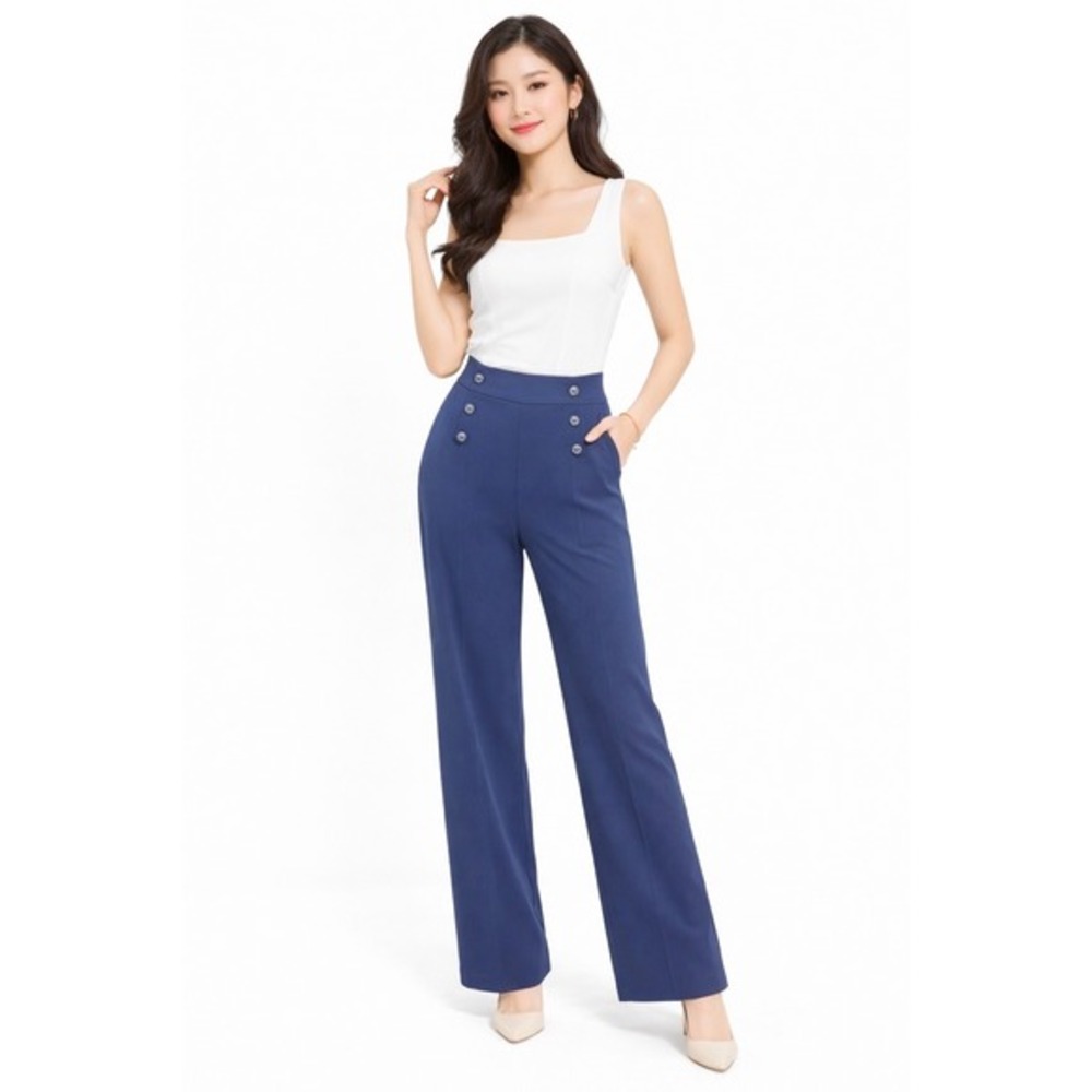 Eva Mendes New York‎ & Co Navy Blue Sailor Wide Leg Pants Trousers 8 Chic 74-22